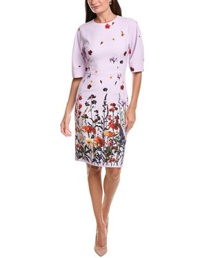 Teri Jon Crepe Floral Placement Print Wide Sleeve Sheath Dre - Red