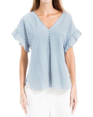 Max Studio Flutter Sleeve V-neck Stripe Knit Top - Blue