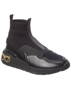 Ferragamo Cosma Sock High-Top Leather & Canvas Trainer - Black