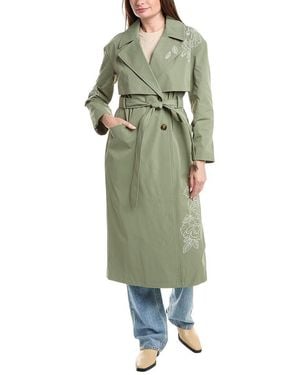 NVLT Longline Embroidered Double-Breasted Belted Trench Coat - Green