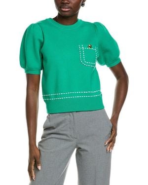 English Factory Stitch Detail Puff Sleeve Knit Top - Green