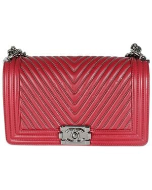 CHANEL Red Leather Chain Medium Boy Bag (authentic Pre-loved)
