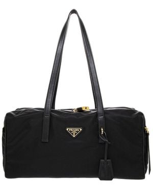 Prada Large Re-Nylon & Leather Top Handle Luggage Bag - Black