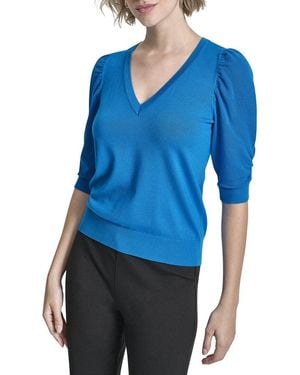 DKNY V-Neck Twist Sleeve Top - Blue