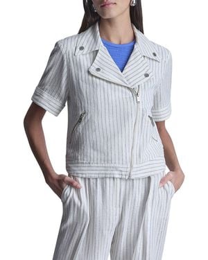 DKNY Striped Linen-Blend Moto Jacket - Blue
