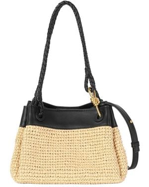 Tiffany & Fred Paris Leather & Raffia Drawstring Shoulder Bag - Natural