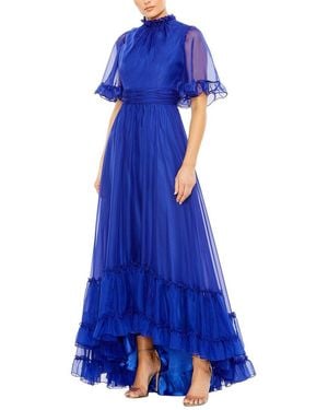 Mac Duggal High Neck Flutter Sleeve High Low Hem Gown - Blue