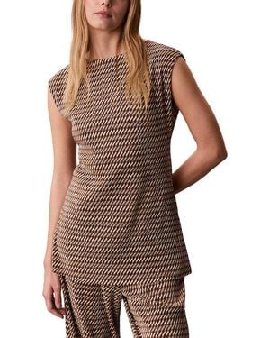 Calvin Klein Printed Plisse Boat Neck Tunic - Brown