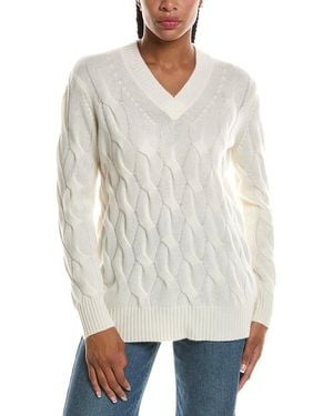 Forte Long Cable V-Neck 100% Cashmere Jumper - White