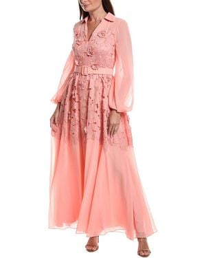 Badgley Mischka Floral Lace Shirt Gown - Pink