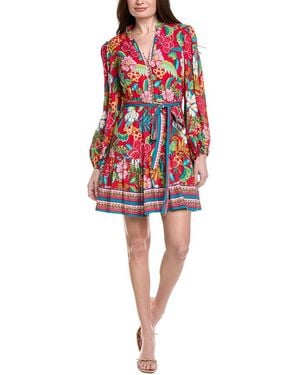 Adrianna Papell Bishop Sleeve Tropical Floral Mini Dress - Red