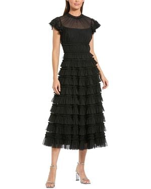 Mac Duggal Mesh Micro Ruffle High Neck Cap Sleeve Midi Dress - Black