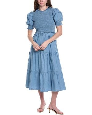 Sail To Sable Puff Sleeve Smocked Midi Dress - Blue