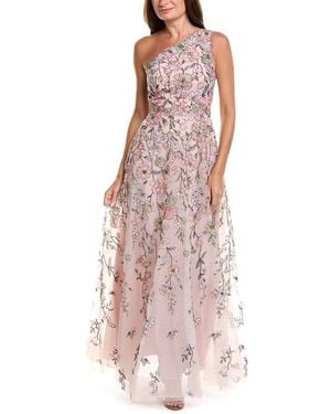 Teri Jon Floral Embroidered Tulle One-Shoulder Gown - Pink