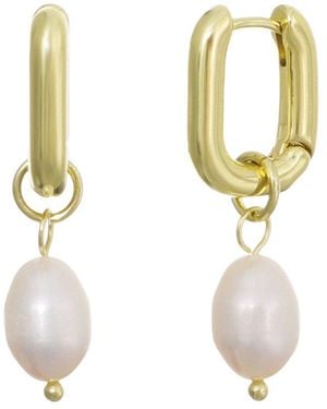 Adornia 14K Plated Detachable Freshwater Pearl Rectangle Huggie Hoops - Metallic