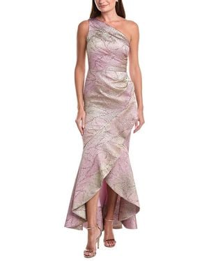Teri Jon Metallic Jacquard Leaf Pattern High-Low Dress - Pink