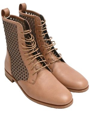 Brunello Cucinelli Leather Beaded Lace-Up Bootie (Authentic Pre-Loved) - Brown