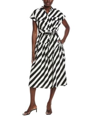 Gracia Stripped Front Pockets Belt Midi Dress - White