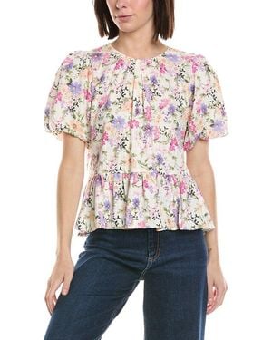 Cece Puff Shirred Sleeve Crewneck Linen-Blend Peplum Blouse - White