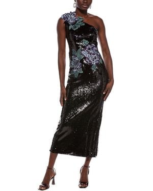 Rene Ruiz One-Shoulder Dimensional Floral Applique Midi Dress - Black