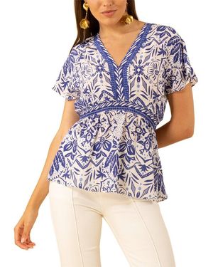 Hale Bob Persephone Short Sleeve Silk Top - Blue