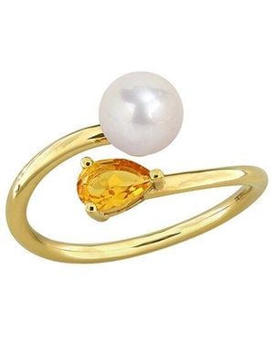 Rina Limor Plated 0.45 Ct. Tw. Gemstone & 6-6.5Mm Pearl Ring - Metallic