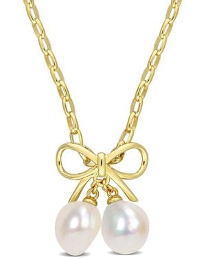 Rina Limor Gold Over Silver 7-9.5mm Pearl Bow Pendant Necklace - Metallic