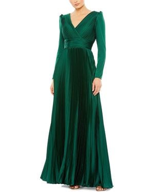 Mac Duggal Pleated Long Sleeve V-Neck Gown - Green