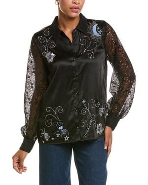 Johnny Was Vanti Embroidered Lace Silk-Blend Shirt - Black