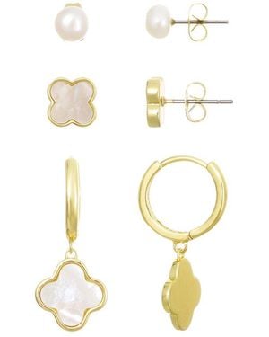 Adornia 14K Plated Clover And Freshwater Pearl 3-Piece Earring Set - White