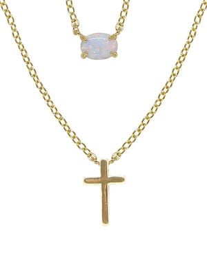 Ettika 18K Plated Opal & Cross Dainty Necklace Set - Metallic
