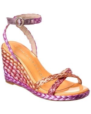 Sophia Webster Ines Mid Raffia & Leather Wedge Sandal - Pink