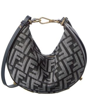 Fendi Graphy Mini Ff Denim & Leather Hobo Bag - Gray