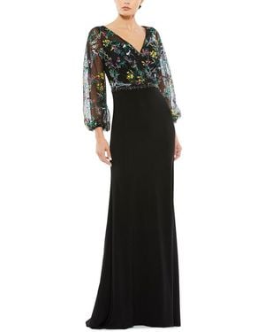 Mac Duggal Embroidered Illusion Puff Sleeve Gown - Black