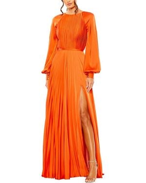 Mac Duggal Pleated High Neck Raglan Long Sleeve Side Slit Gow - Orange