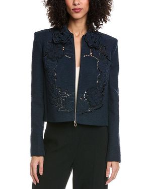 Oscar de la Renta Floral Detail Tweed Silk-Lined Wool-Blend Jacket - Blue