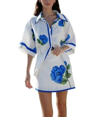 AMINA GLAM 2Pc Linen-Blend Shirt & Skirt Set - Blue