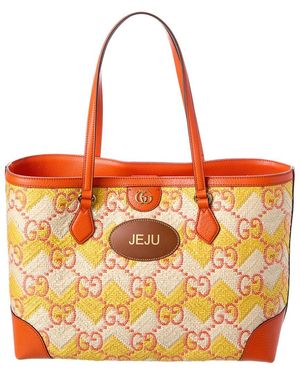 Gucci Ophidia Straw & Leather Tote - Orange