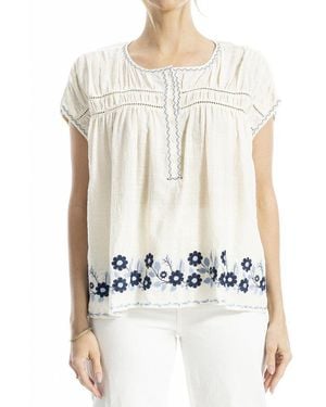 Max Studio Embroidered Cap Sleeve Notch Neck Top - White