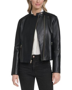 Cole Haan Stand Collar Leather Racer Jacket - Black