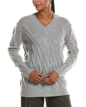 Forte Long Cable V-Neck 100% Cashmere Jumper - Grey