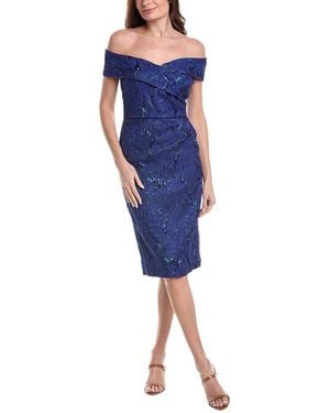 Teri Jon Metallic Jacquard Portrait Side Ruched Dress - Blue