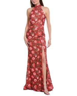 Rene Ruiz Halter Neck Belted Waist Floral Gown - Red