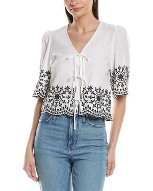 Ellen Tracy Embroidered Tie Front Linen-Blend Top - Blue