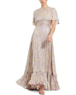 Mac Duggal Floral Print High Neck Cape Sleeve A-Line Gown - Natural