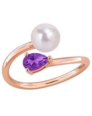 Rina Limor Rose-Plated 0.35 Ct. Tw. Gemstone & 6-6.5Mm Pearl Ring - Pink