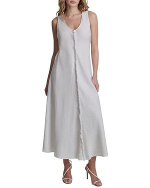 DKNY V-Neck Fray Seam Linen Dress - Gray