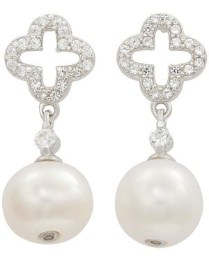 Suzy Levian Silver Created White Sapphire & 8mm Pearl Clover Dangle Earring