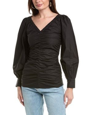 Ganni Poplin V-neck Gathered Blouse - Black