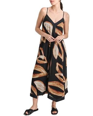 DKNY V-Neck Print Midi Dress - Black